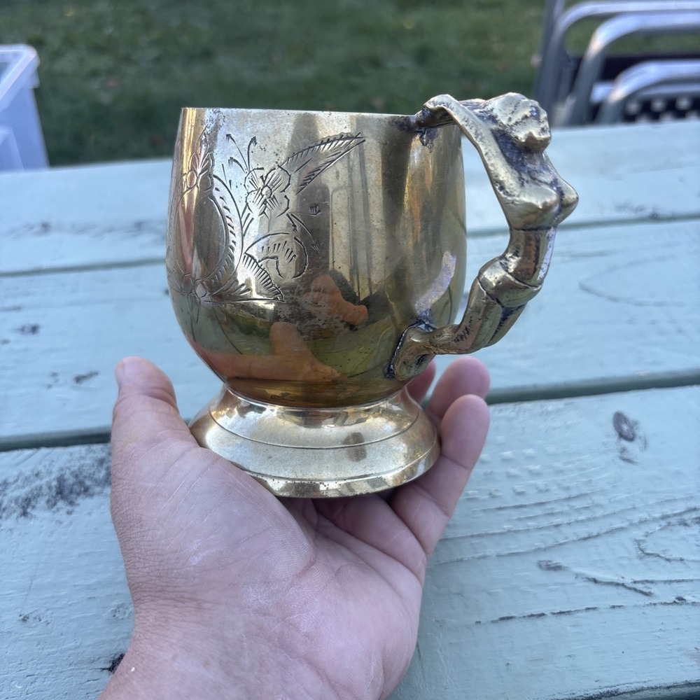 Vintage Brass Mug MCM Woman Stein Floral